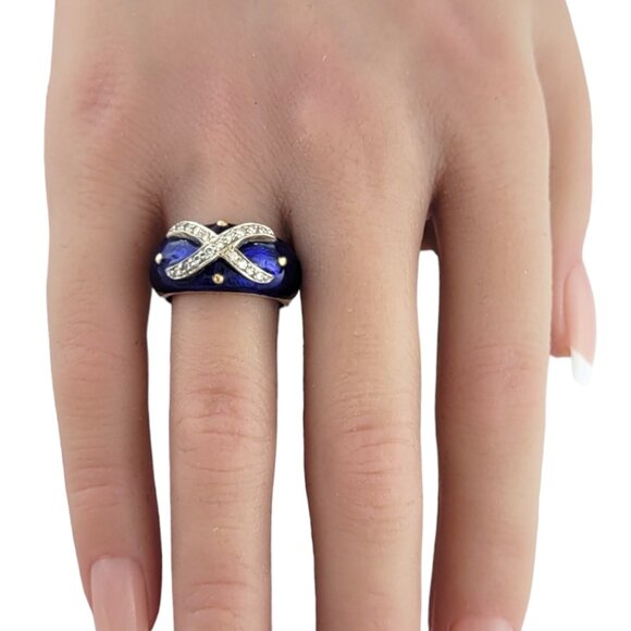 Hidalgo 18K Yellow Gold Blue Enamel Diamond X Ring Size 6.5 #18221 - Picture 7 of 8